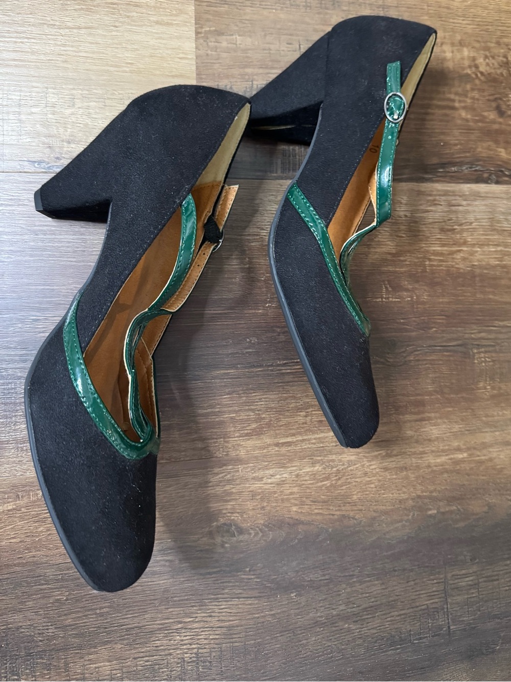 Crown Vintage Black Pumps with Green Patent Strap Detail